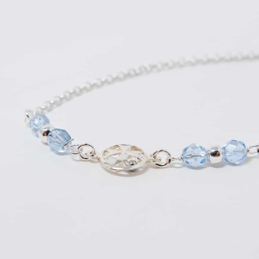 Silver Ankle Chain with Maltese Cross and Aquamarine Glass Ave Maria